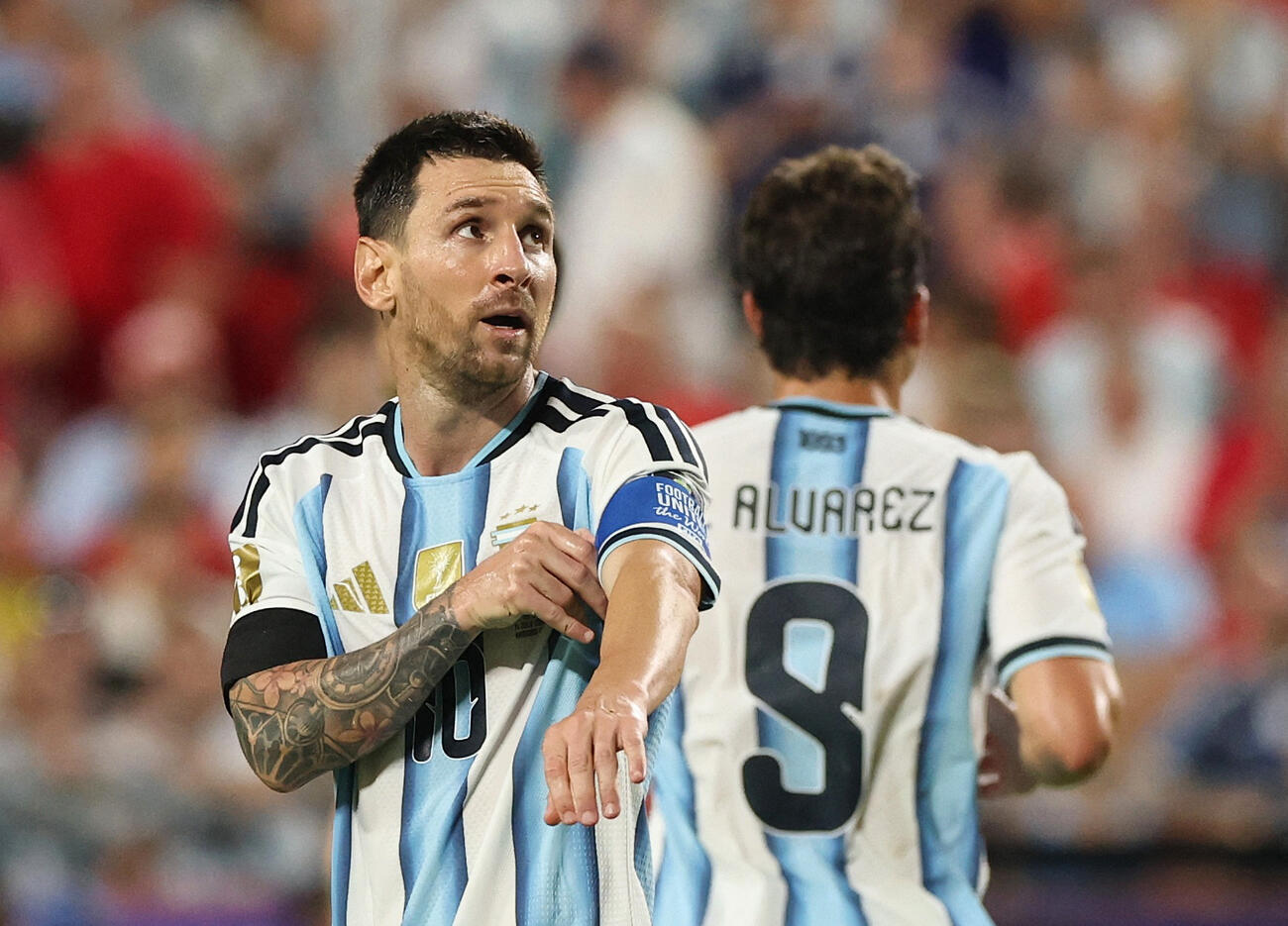 Soccer Football－FIFA World Cup 2026－Quarter Final－Argentina v Switzerland－Kansas City Stadium, Kansas City, Missouri, U.S.－July 11, 2026 Argentina's Lionel Messi reacts REUTERS／Amanda Perobelli