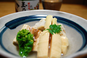 湯葉とホタテと筍（たけのこ）の炊き合わせ