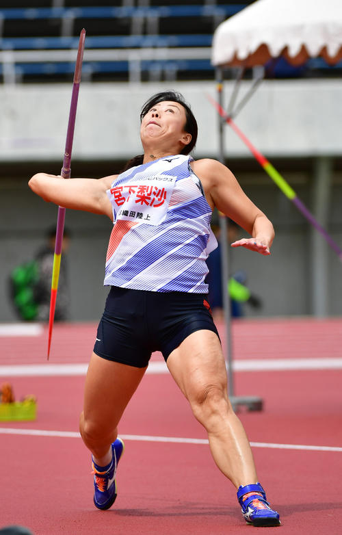 織田幹雄記念国際陸上競技大会　女子やり投げ決勝　56メートル66で2位となる宮下梨沙（撮影・清水貴仁）