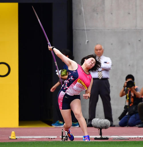 女子やり投げ　60メートル00の記録で2位となる北口榛花（撮影・清水貴仁）