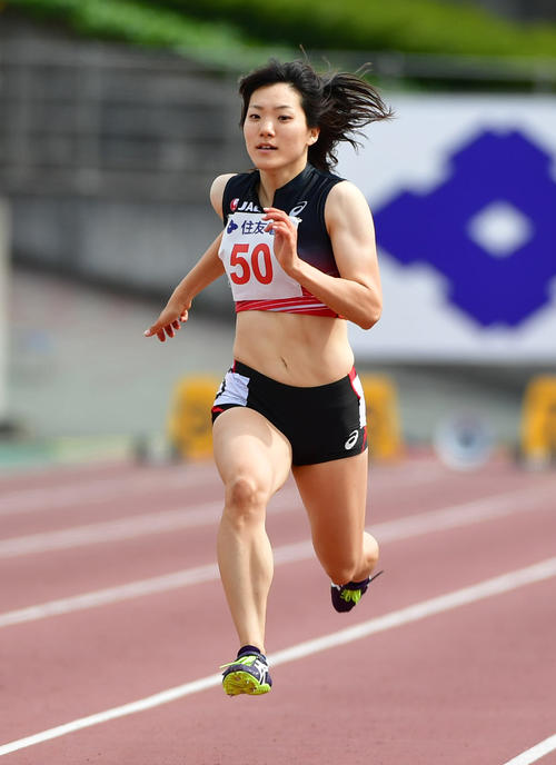 布勢スプリント　GP女子100メートル決勝　追い風参考の11秒55で1位となる土井杏南（撮影・清水貴仁）
