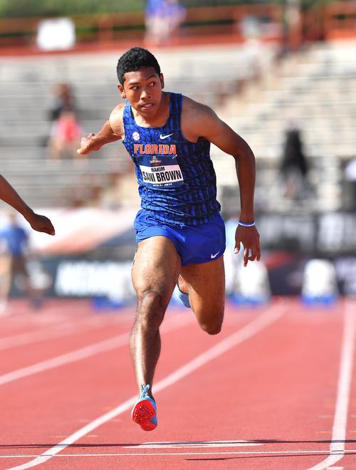 全米大学陸上選手権男子100メートル準決勝で参考記録ながらも9秒96をマークしたサニブラウン（撮影・菅敏）