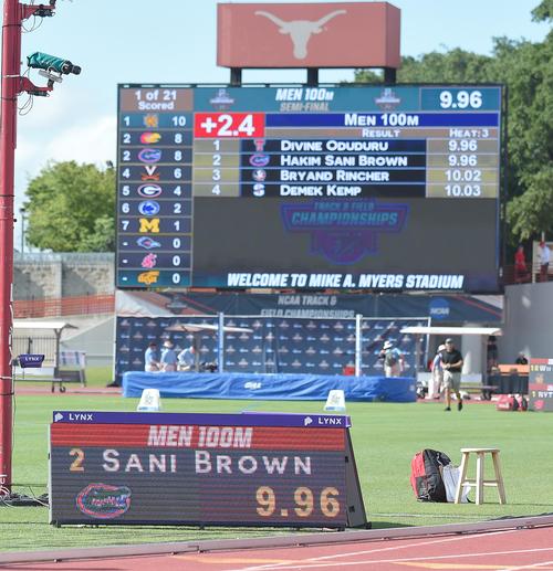 全米大学陸上選手権男子100メートル準決勝で参考記録ながらも9秒96をマークしたサニブラウン（撮影・菅敏）