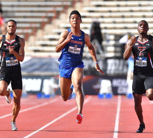 全米大学陸上選手権男子100メートル準決勝で参考記録ながらも9秒96をマークしたサニブラウン（撮影・菅敏）