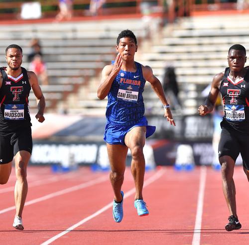 全米大学陸上選手権男子100メートル準決勝で参考記録ながらも9秒96をマークしたサニブラウン（撮影・菅敏）