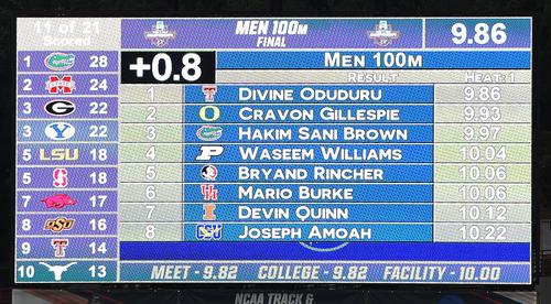 全米大学選手権男子100メートル決勝で3位のサニブラウンが出した9秒97を表示する電光掲示板（撮影・菅敏）