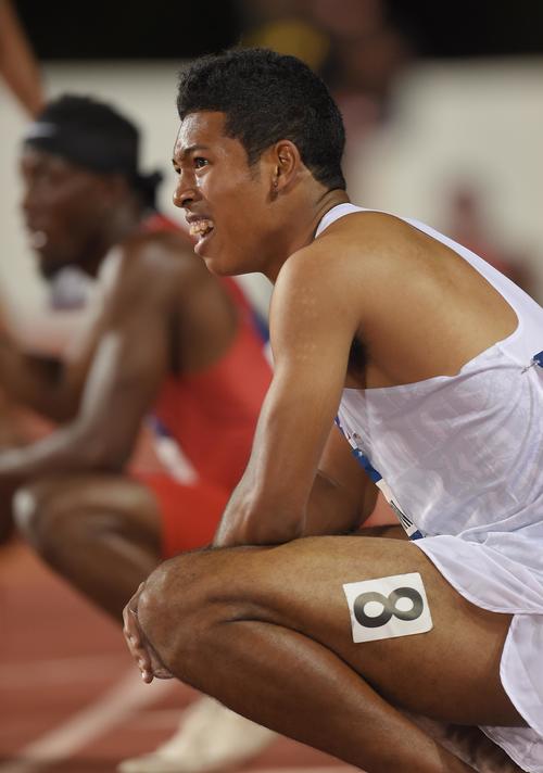 全米大学選手権男子200メートル決勝で20秒08で3位でゴールし、呼吸を整えるサニブラウン（撮影・菅敏）