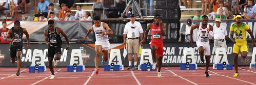 全米大学選手権男子100メートル決勝でスタートするサニブラウン（左から3人目）（撮影・菅敏）