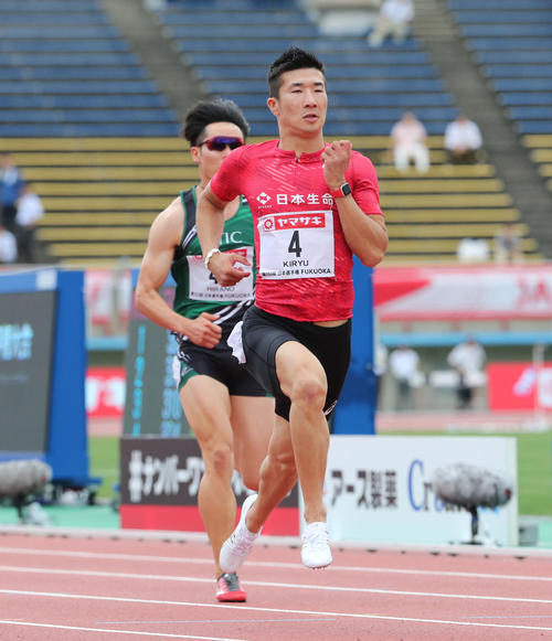 男子100メートル予選　予選4組目　1着の桐生祥秀（撮影・梅根麻紀）