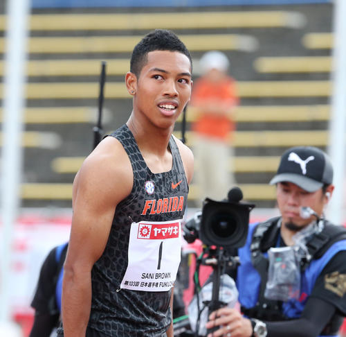 男子100メートル予選　予選5組目　1着のサニブラウン・アブデルハキーム（撮影・梅根麻紀）