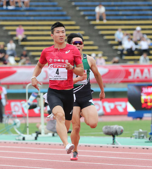 男子100メートル予選　予選4組目　1着の桐生祥秀（撮影・梅根麻紀）
