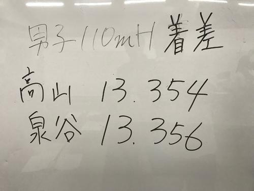 プレスルームに掲示された男子110メートル障害決勝における1位の高山と2位の泉谷のタイム差（撮影・松本航）
