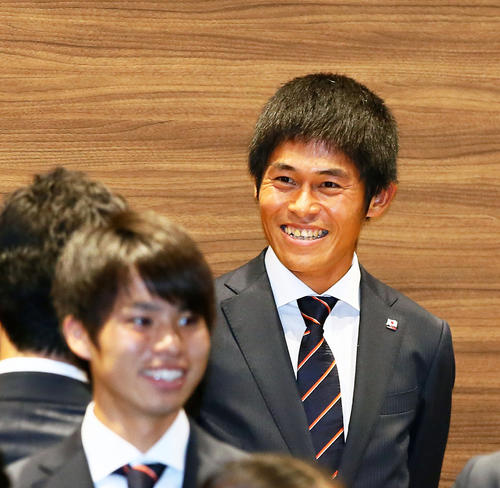 日本代表選手団壮行会で笑顔を見せる川内（撮影・足立雅史）