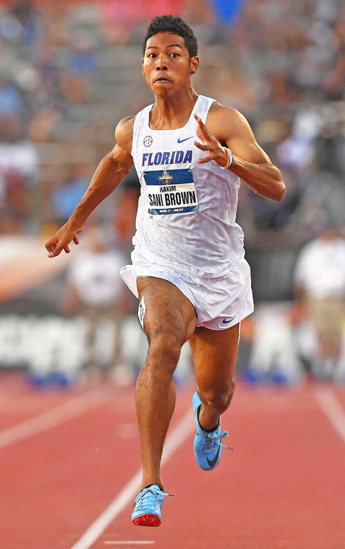 全米大学選手権男子100m決勝、9秒97で日本記録を更新したサニブラウン・ハキーム（2019年6月7日撮影）
