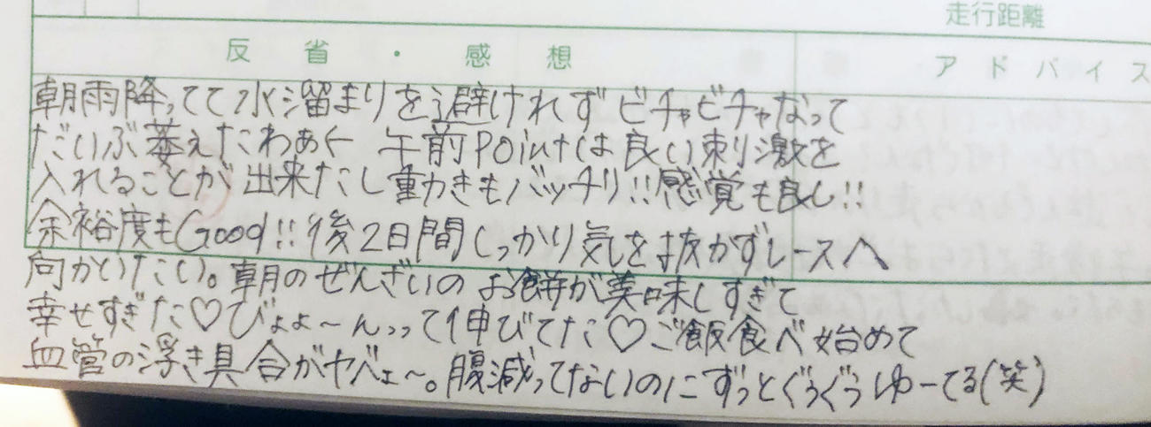 松田が23日の練習日誌に記した感想（撮影・上田悠太）
