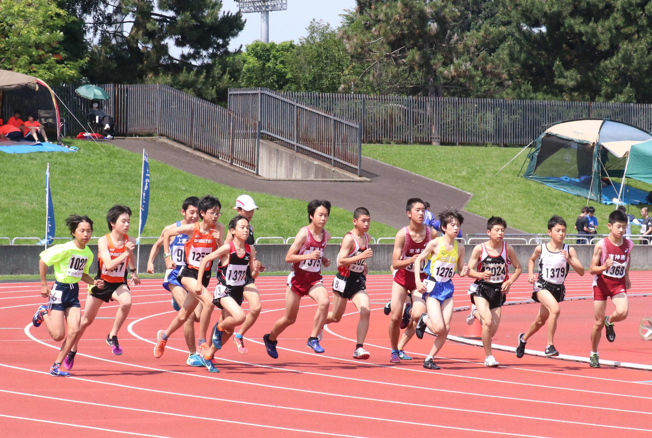 今季初の競技会となった道北記録会で懸命に走る男子1500メートルの出場者（撮影・浅水友輝）