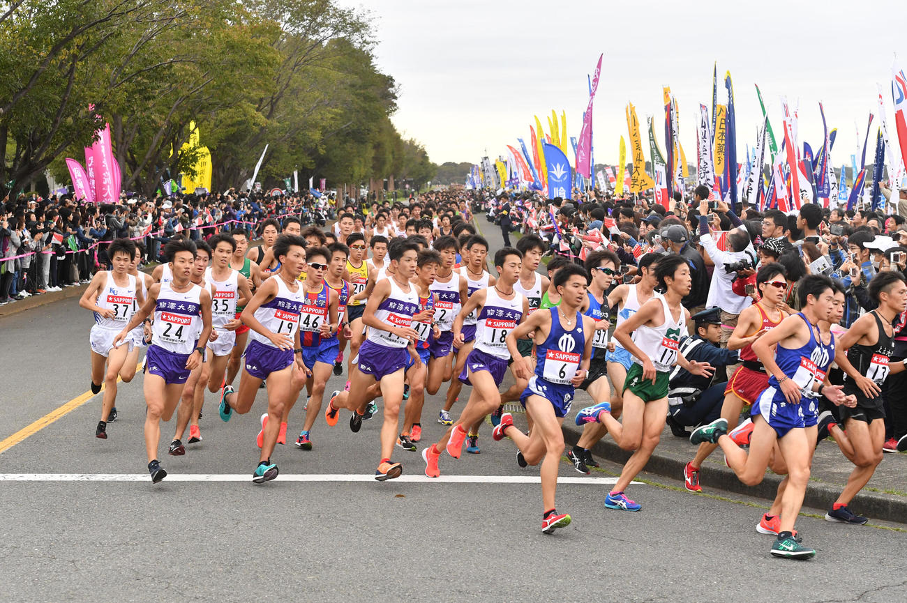 18年10月、箱根駅伝予選会で国営昭和記念公園を走る各大学の選手たち