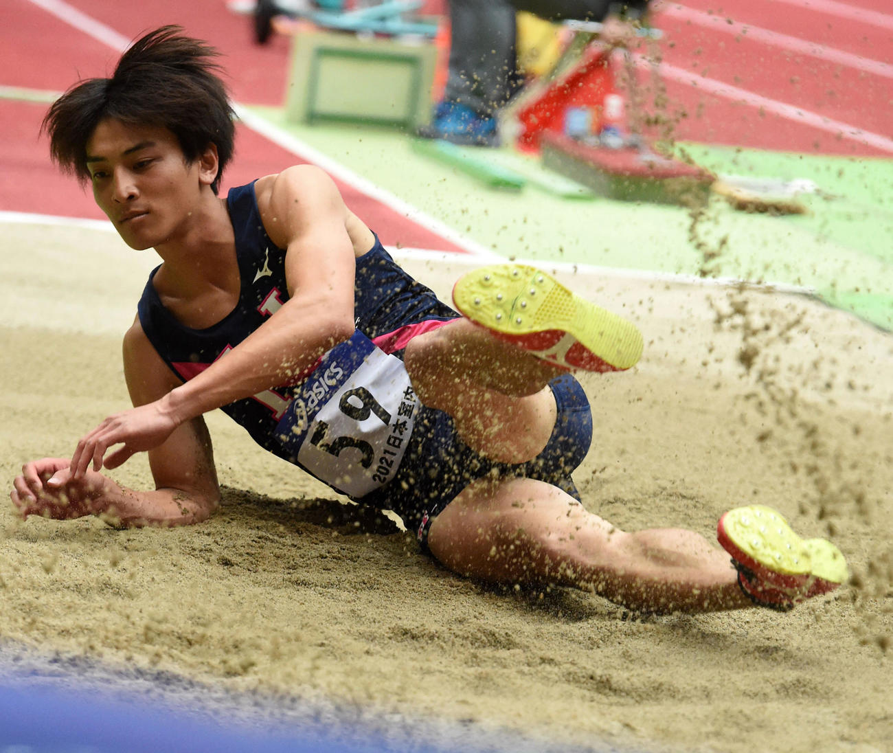 男子走り幅跳び、8メートル19の室内日本新をマークした橋岡優輝（撮影・前岡正明）