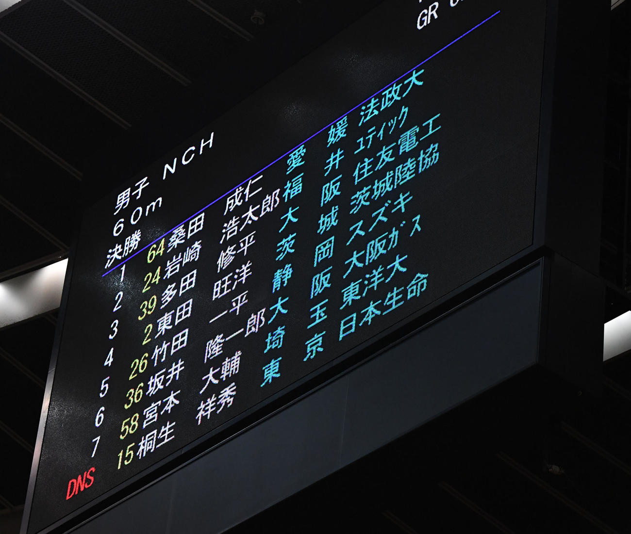男子60メートル、桐生祥秀の棄権を伝える掲示板（撮影・前岡正明）