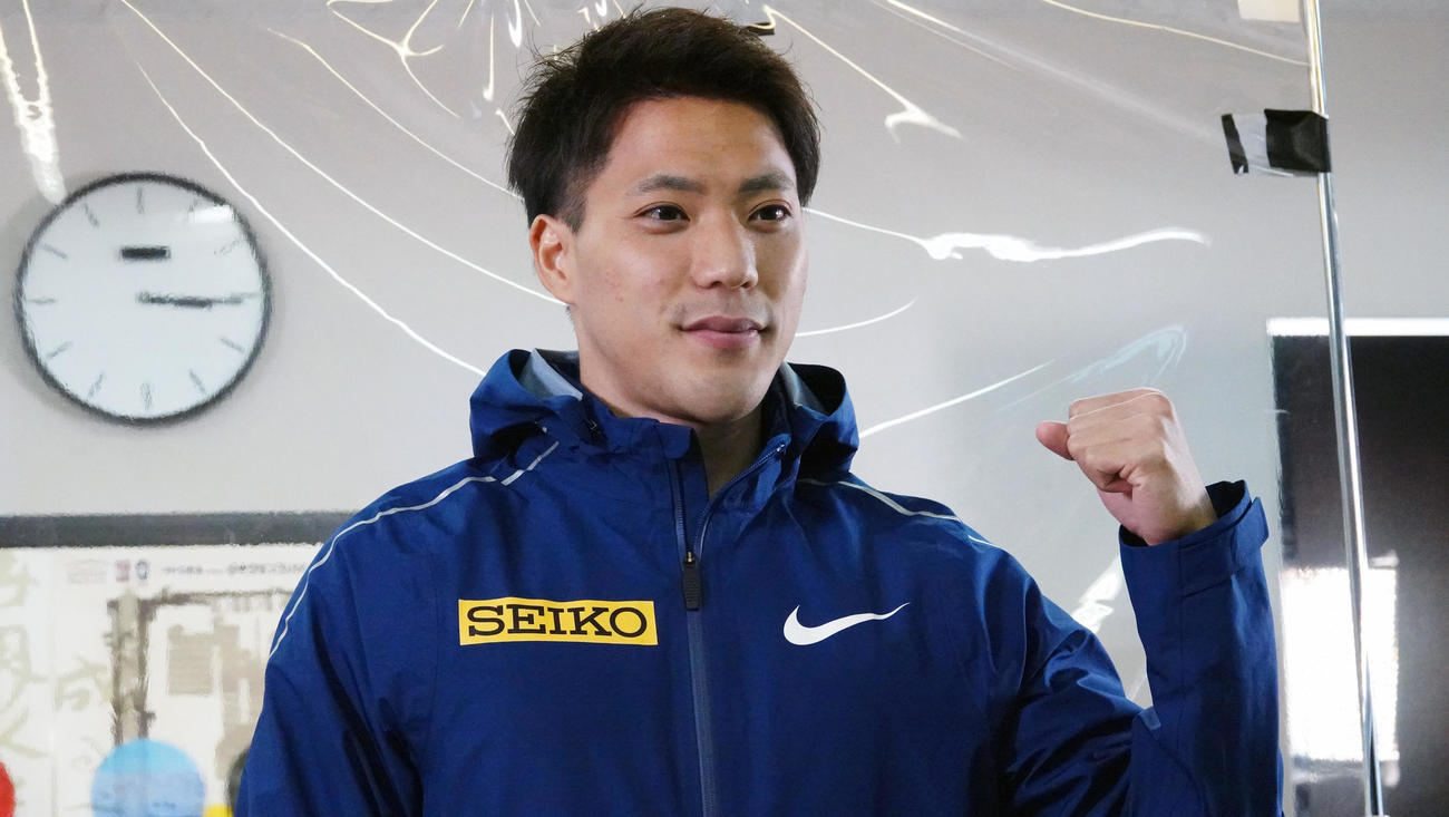 織田記念の会見で抱負を語った山県（日本陸連提供）