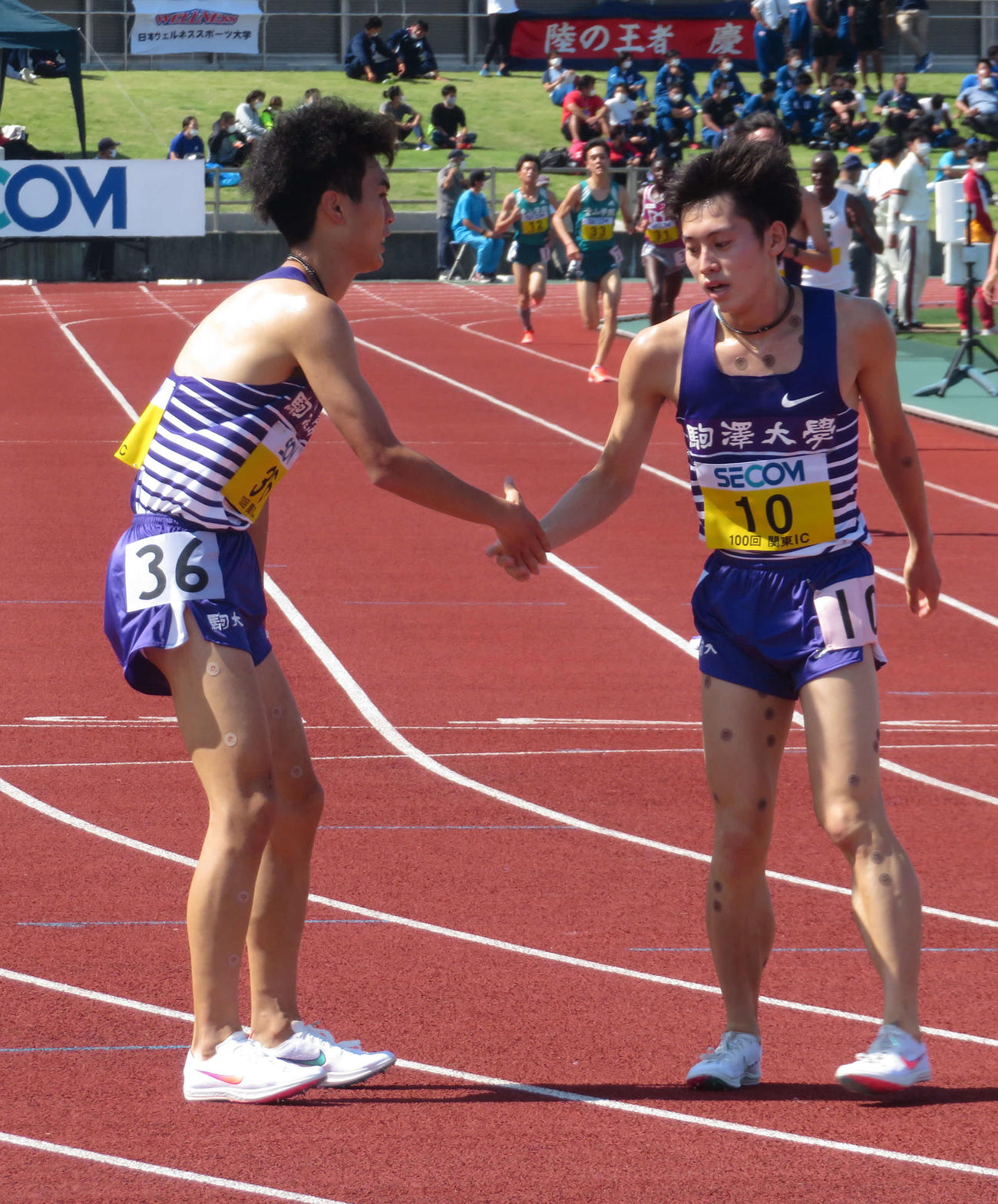 関東学生対校選手権の男子2部5000メートルのゴール後に握手をする駒大の鈴木（左）と唐沢（撮影・上田悠太）