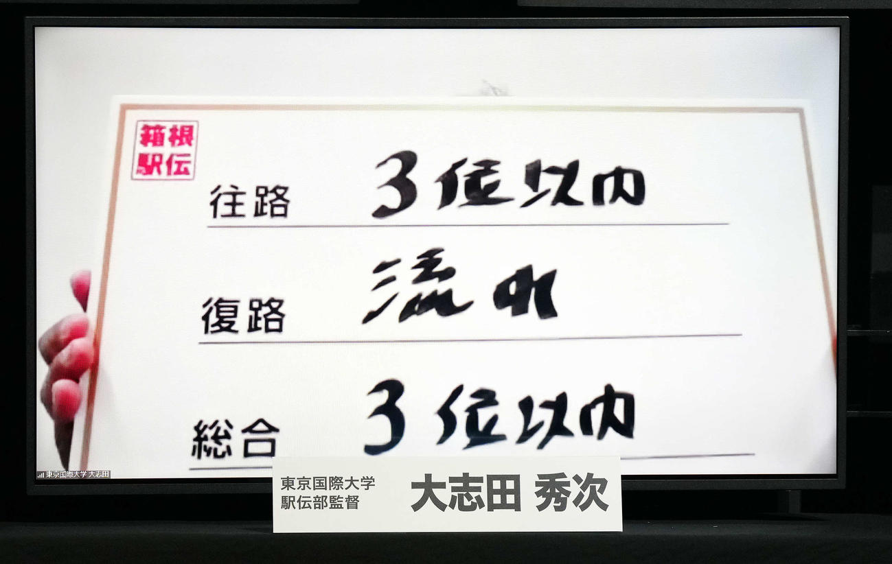 オンラインでの箱根駅伝監督トークバトルで、目標順位を発表する東京国際大・大志田監督（撮影・江口和貴）