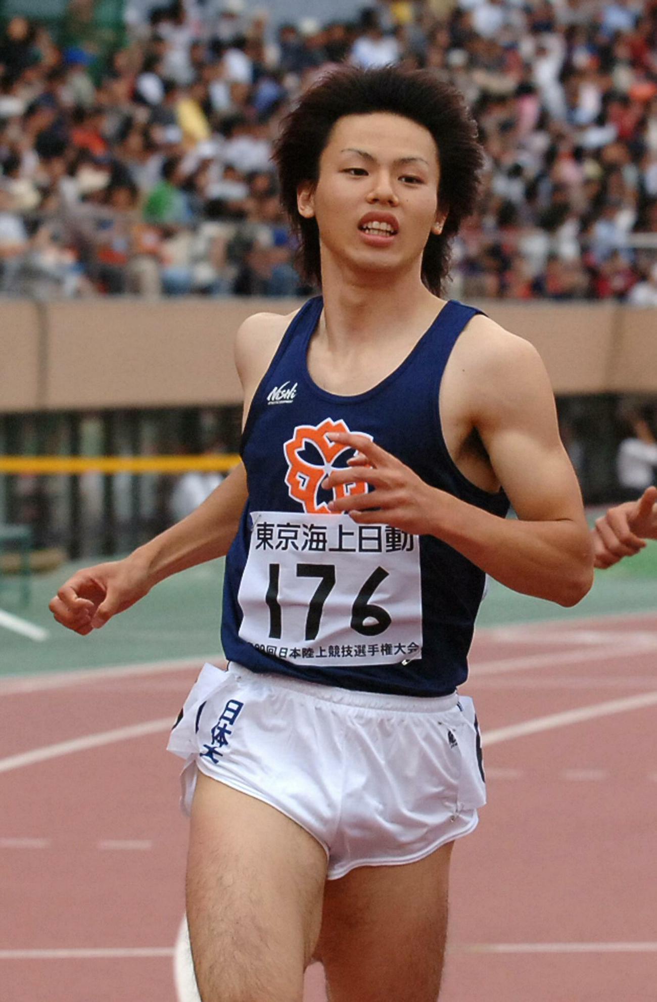 日本選手権　男子100メートル決勝で優勝した佐分慎弥さん（2005年6月5日撮影）