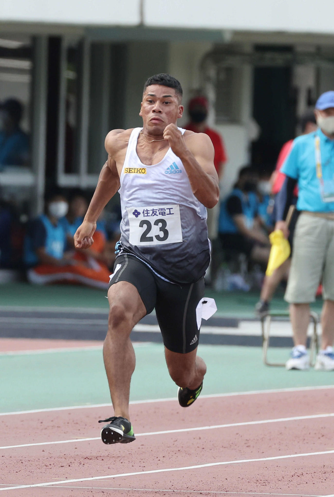 布勢スプリント2022　布勢スプリント2022 GP男子100メートル決勝　優勝したデーデー・ブルーノ（SEIKO)（撮影・加藤孝規）