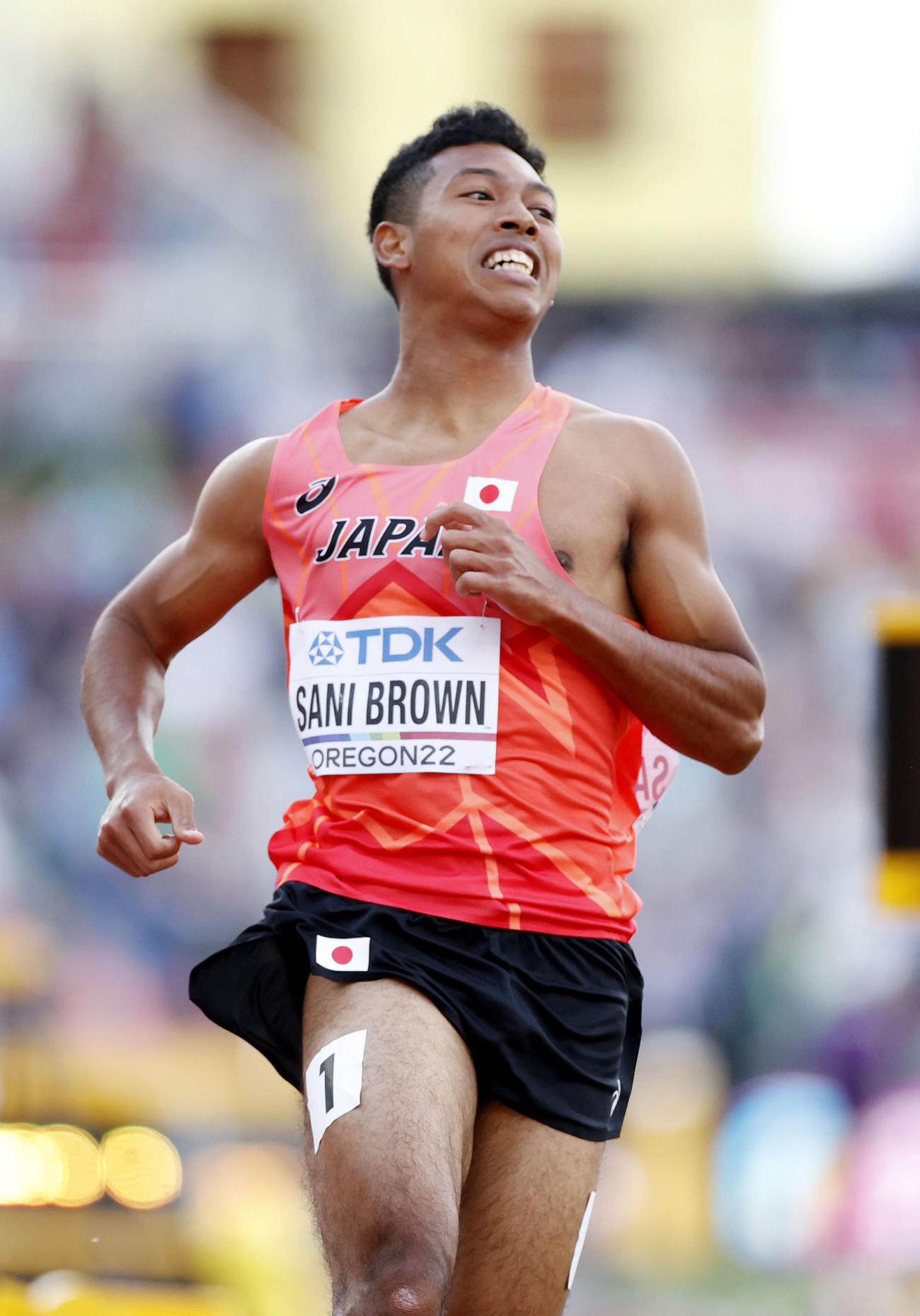 男子100メートル決勝　7位でゴールしたサニブラウン（代表撮影）