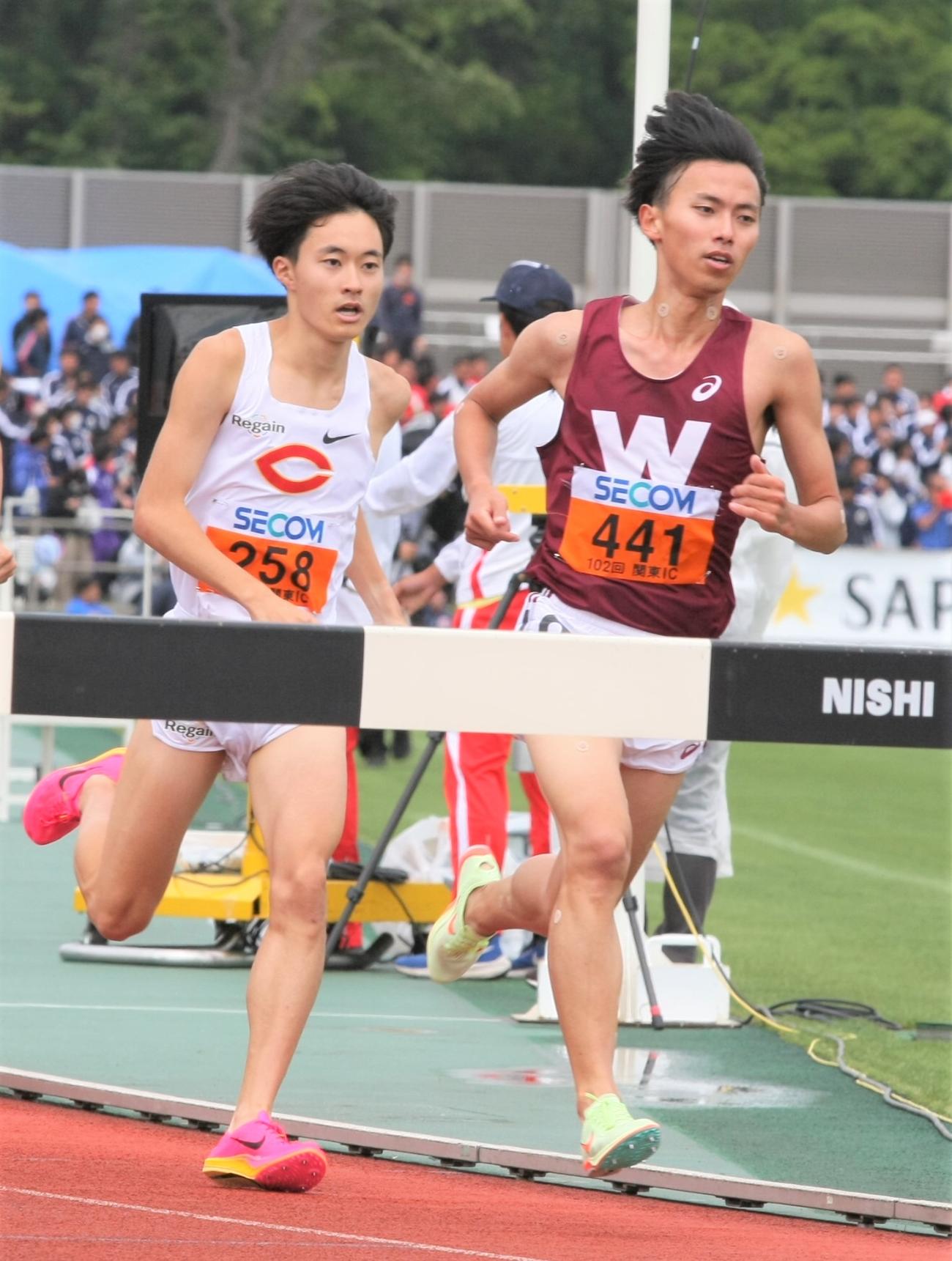 陸上関東インカレ男子1部3000メートル障害決勝　3連覇を飾った早大・菖蒲（右）と2位の中大・浦田（撮影・藤塚大輔）