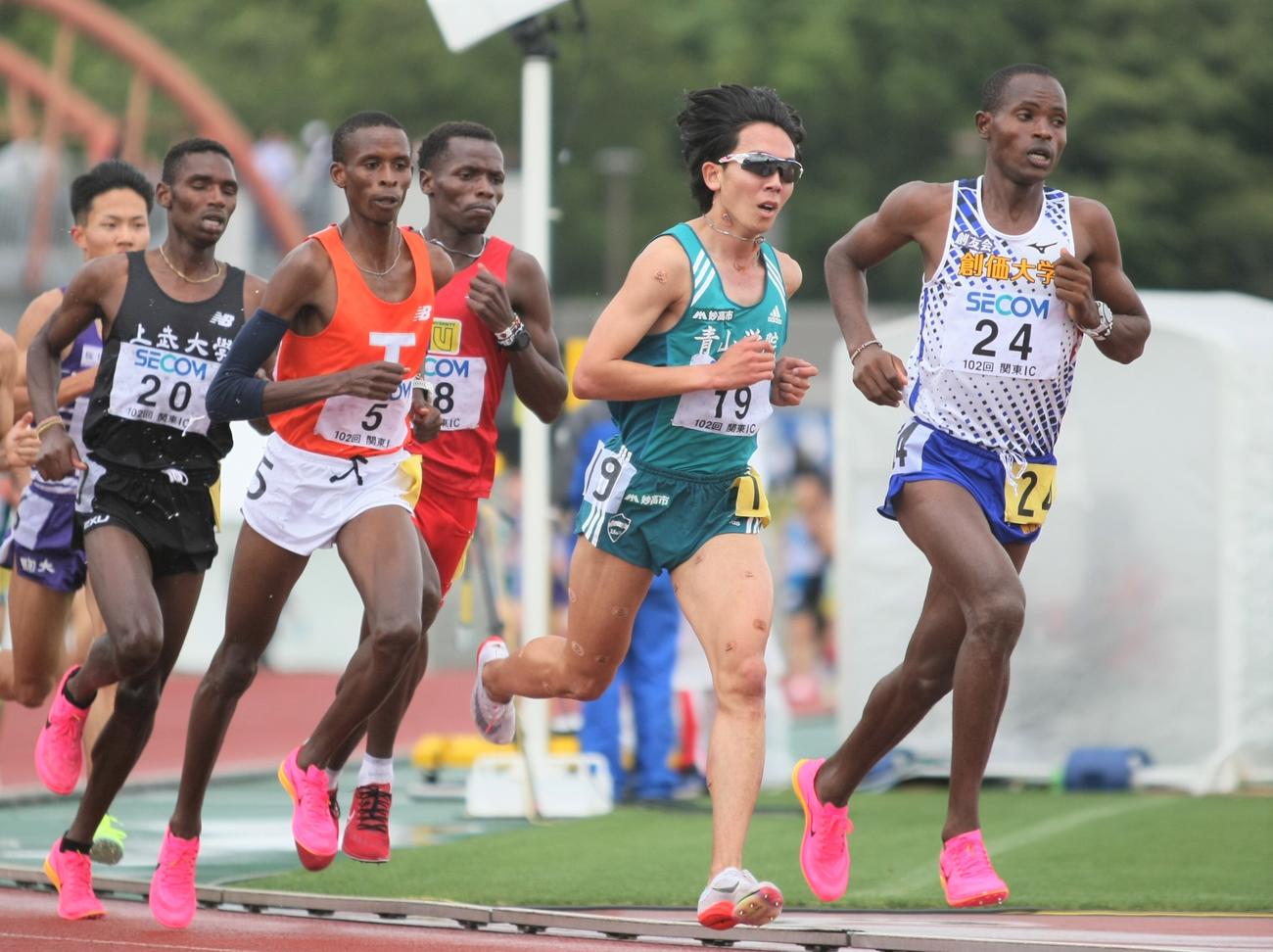 陸上関東インカレ男子2部5000メートル決勝　日本人選手トップとなる3位に入った青学大・鶴川（右から2人目）（撮影・藤塚大輔）