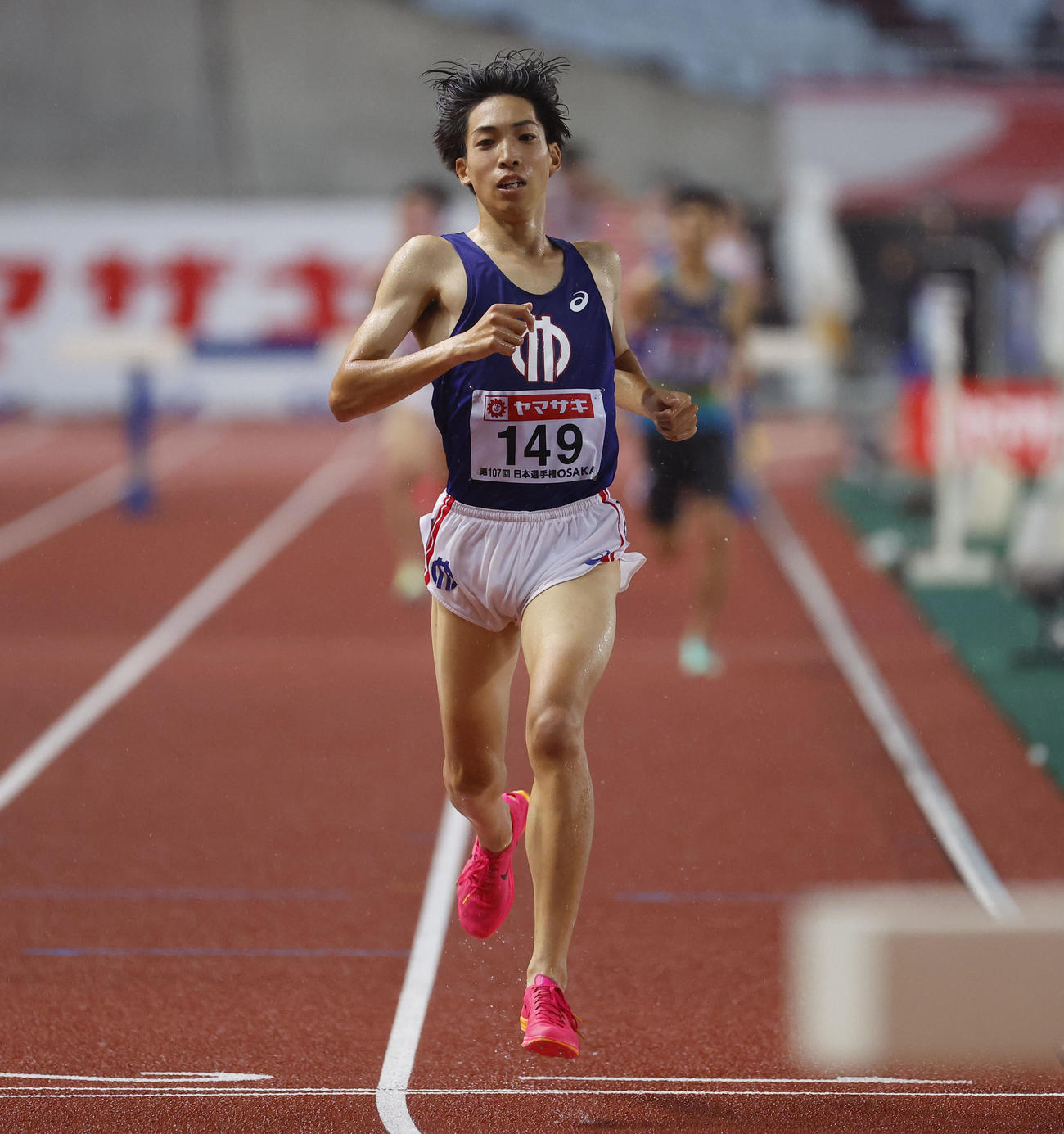 日本陸上競技選手権大会　男子3000メートル障害で優勝した三浦龍司（撮影・藤尾明華）