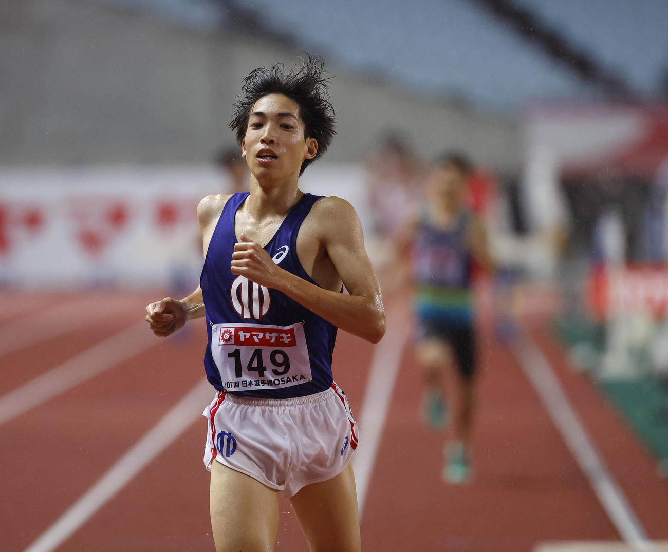 日本陸上競技選手権大会　男子3000メートル障害で優勝した三浦龍司（撮影・藤尾明華）