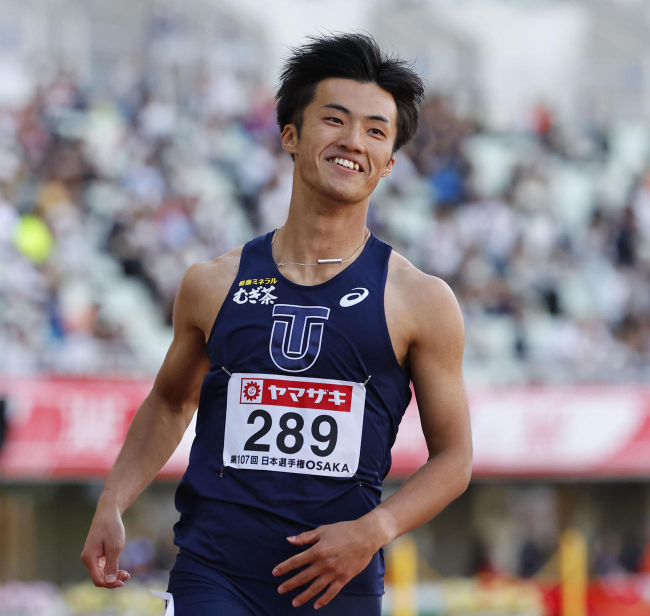 日本陸上競技選手権大会　男子100メートル予選　10秒19で準決勝進出を決め笑顔の柳田大輝（撮影・藤尾明華）