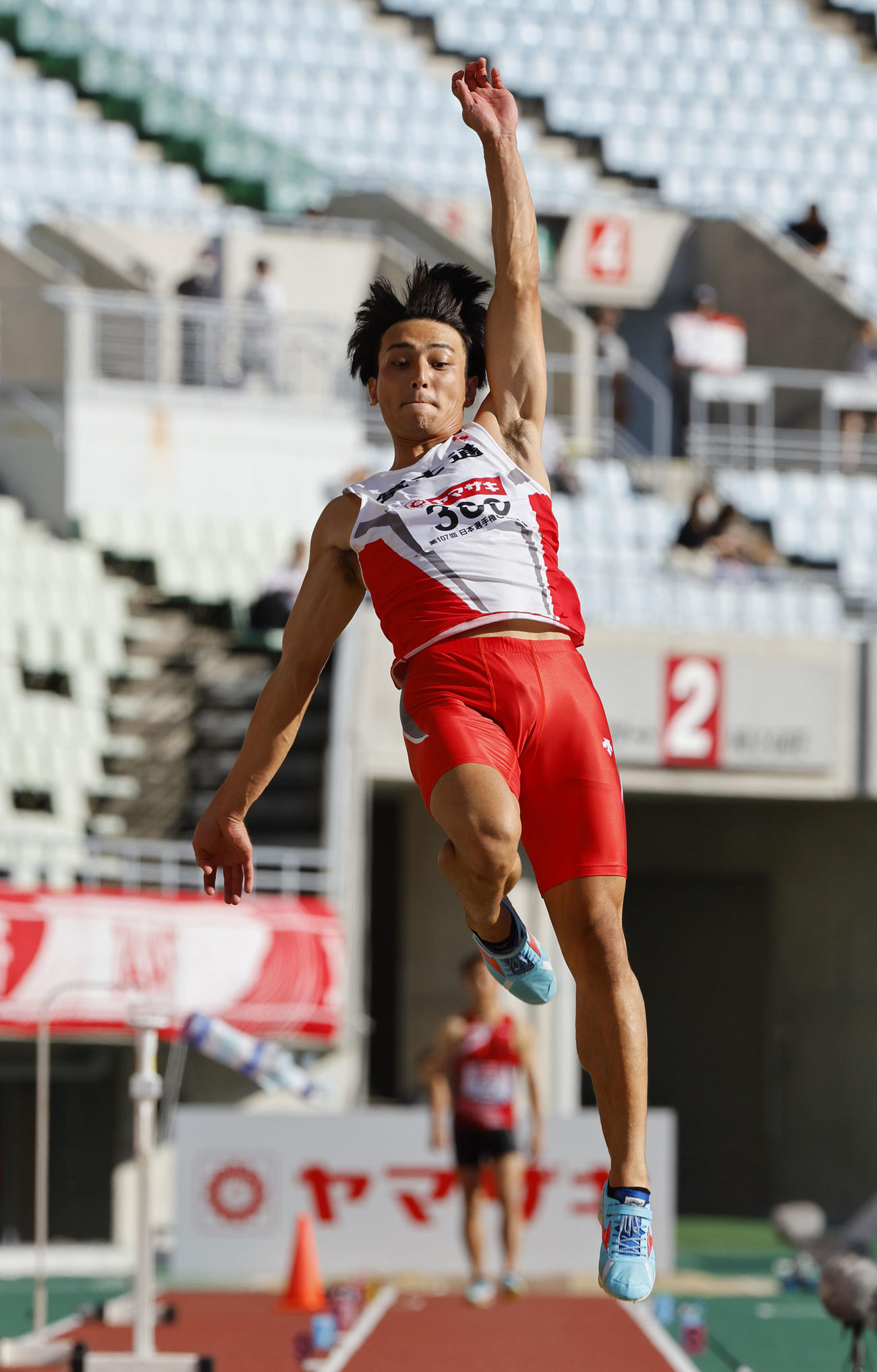 日本陸上競技選手権大会　男子走り幅跳びで8メートル6で2位に終わった橋岡優輝（撮影・藤尾明華）