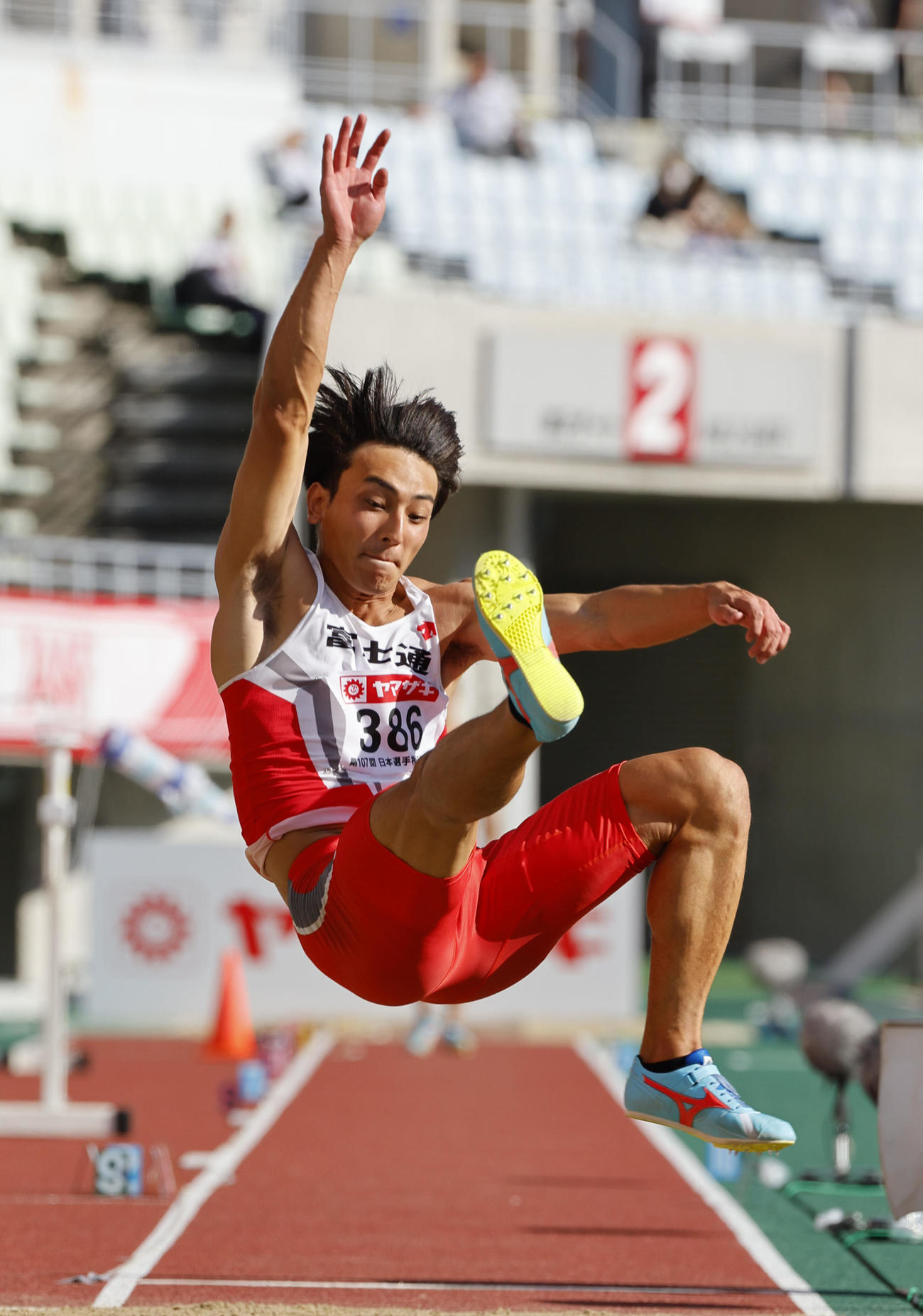 日本陸上競技選手権大会　男子走り幅跳びで8メートル6で2位に終わった橋岡優輝（撮影・藤尾明華）