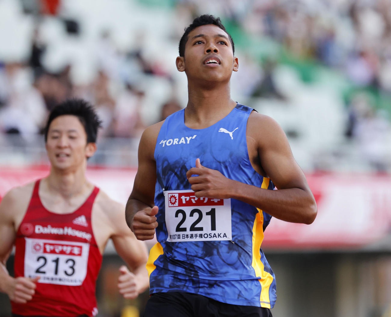 男子100メートル予選　10秒13で準決勝進出を決めたサニブラウン・ハキーム（撮影・藤尾明華）