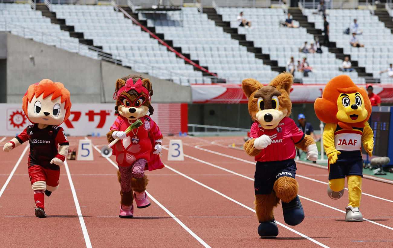 日本陸上競技選手権大会　キャラクター50メートル　力走する（左から）NTTドコモレッドハリケーンズ大阪のレッドハリー、セレッソ大阪のマダム・ロビーナ、ロビー、日本陸連のアスリオン（撮影・藤尾明華）