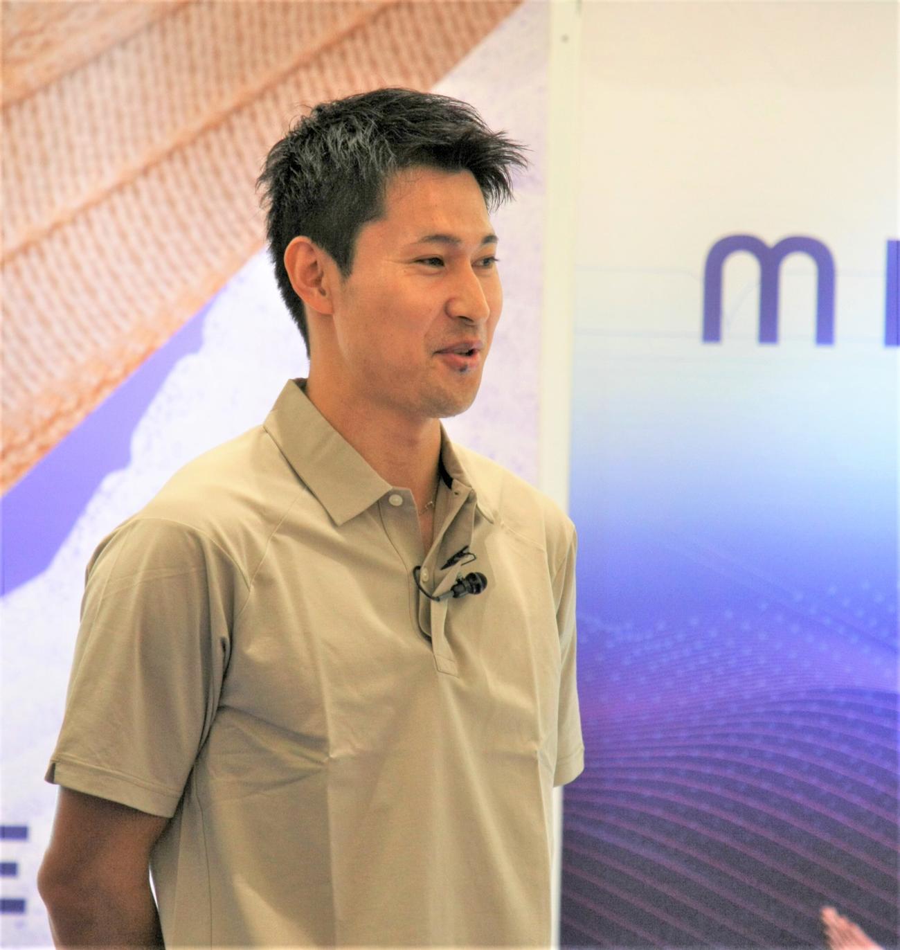 ミズノの新ブランド「MIZUNO SLEEP」体感会に登場した陸上男子短距離の飯塚（撮影・藤塚大輔）
