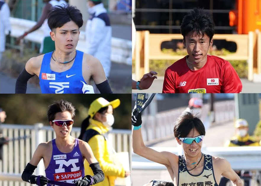 全日本大学駅伝の関東学連推薦校選考会に出場する、左上から時計回りに東海大・石原、城西大・山本、東京国際大・村松、明治大・児玉