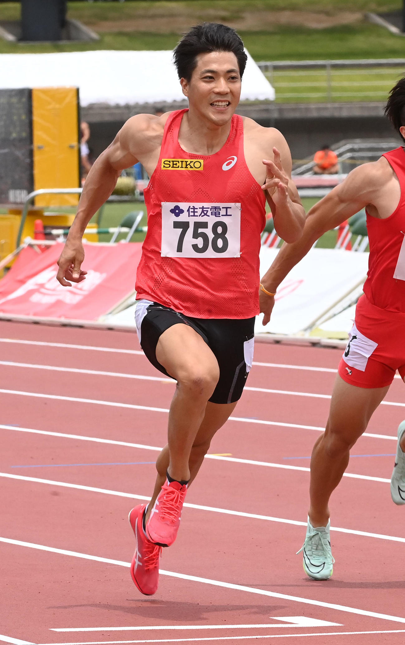 GP男子100メートル予選、3着の山縣（撮影・前岡正明）