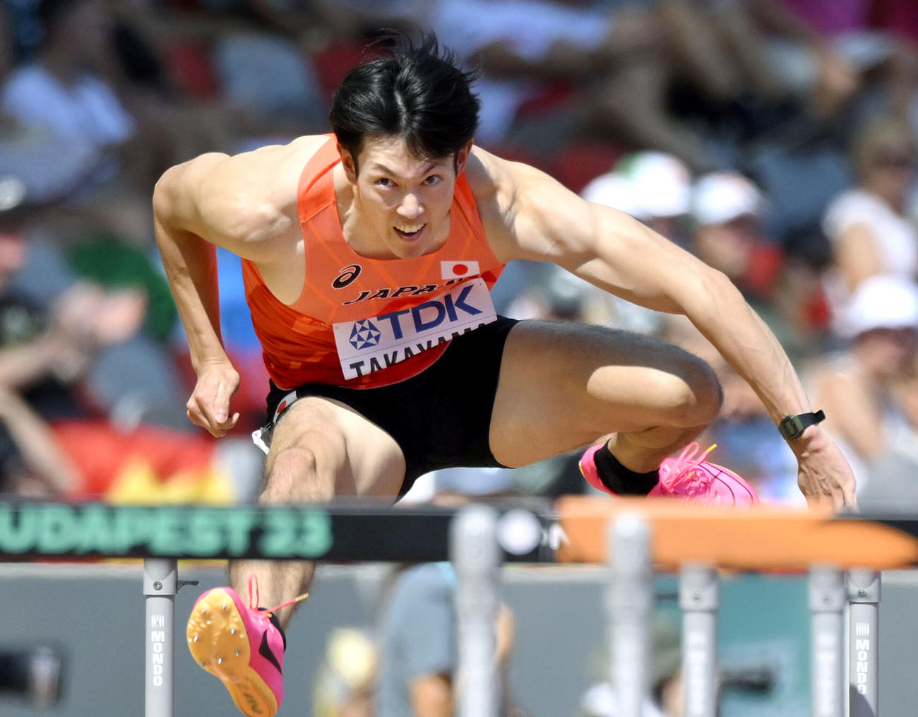 男子110メートル障害予選　力走する高山峻野（共同）