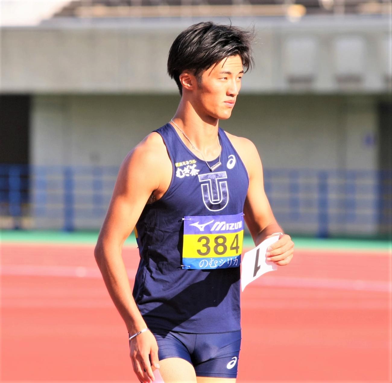 日本インカレ男子100メートル予選2組　1着で準決勝進出を決めた東洋大・柳田（撮影・藤塚大輔）