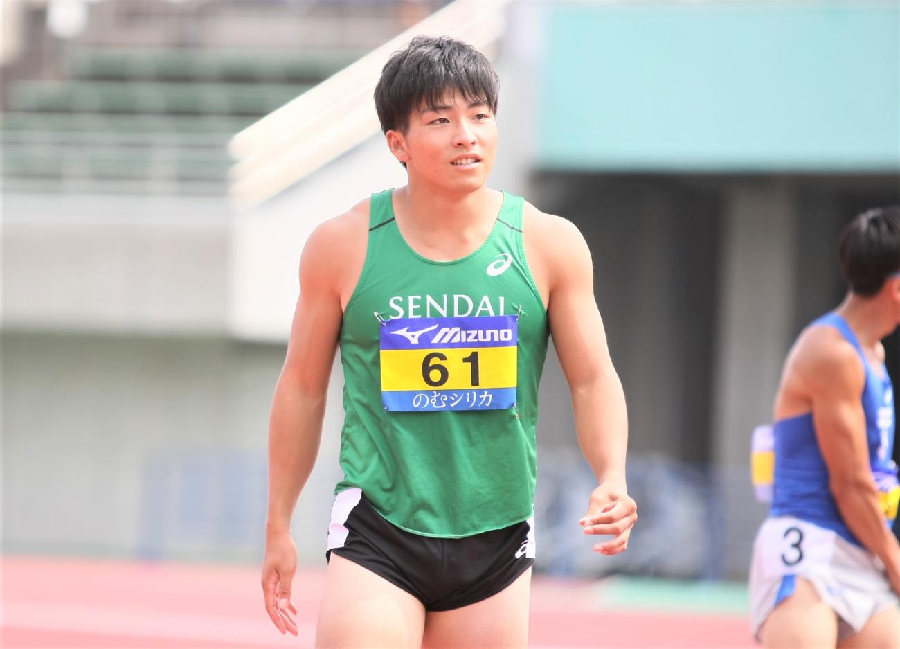 日本学生対校選手権男子100メートル準決勝　1組2着で決勝進出を決めた仙台大・大上（撮影・藤塚大輔）