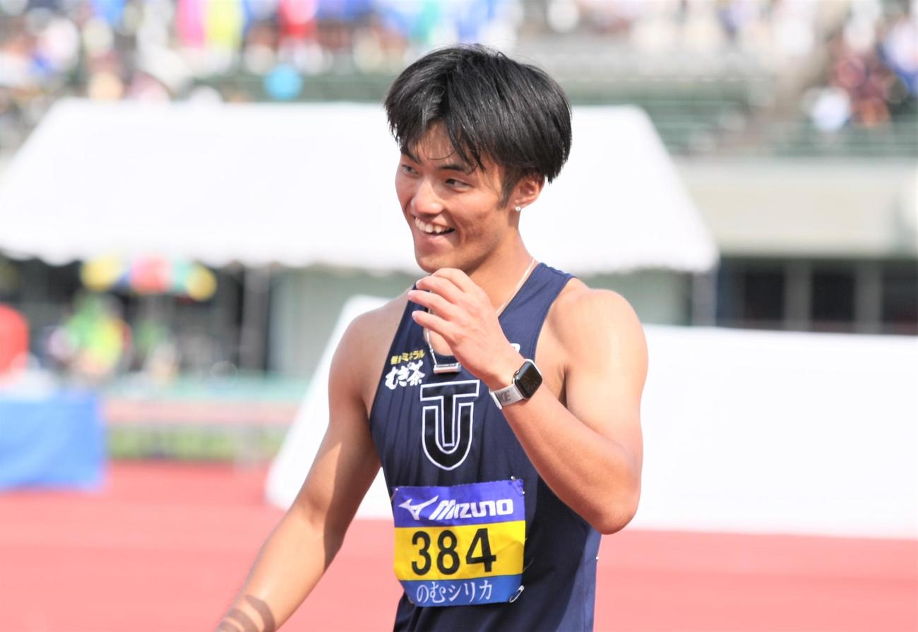 日本学生対校選手権男子100メートル決勝　10秒18で初優勝を飾った東洋大・柳田（撮影・藤塚大輔）