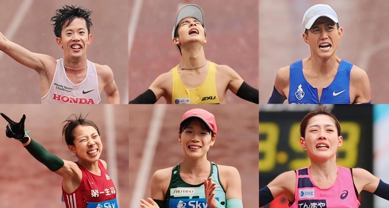 パリ五輪マラソン日本代表に内定した小山、赤崎、大迫、前田、一山、鈴木（左上から時計回り）