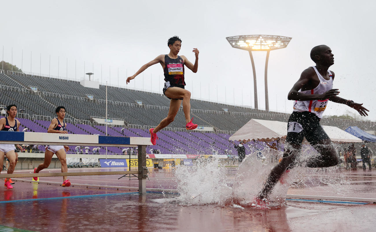 男子3000メートル障害で優勝した三浦龍司（中央）（撮影・前田充）