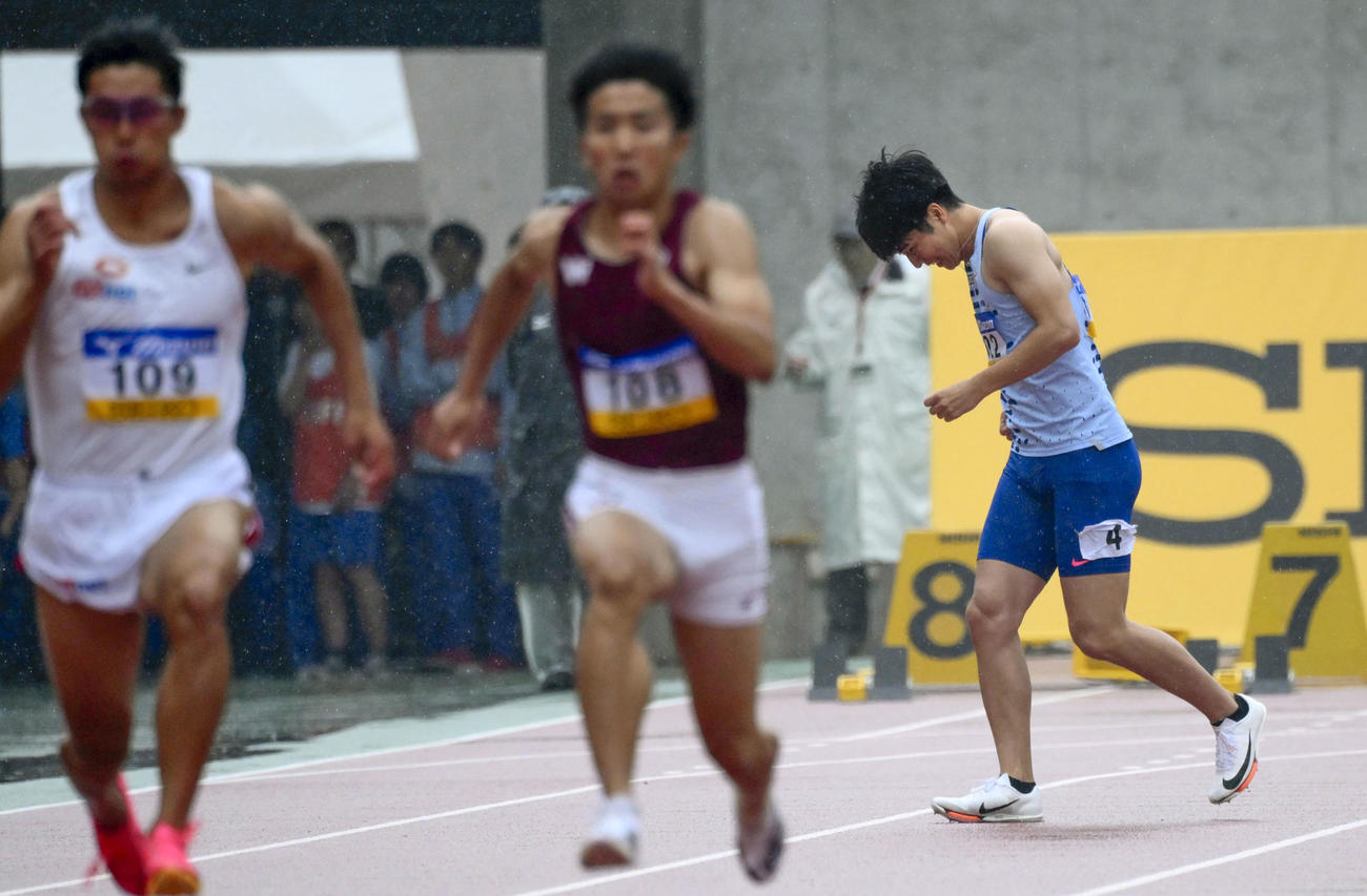 男子100 メートル 予選　スタート直後に途中棄権した多田修平（共同）