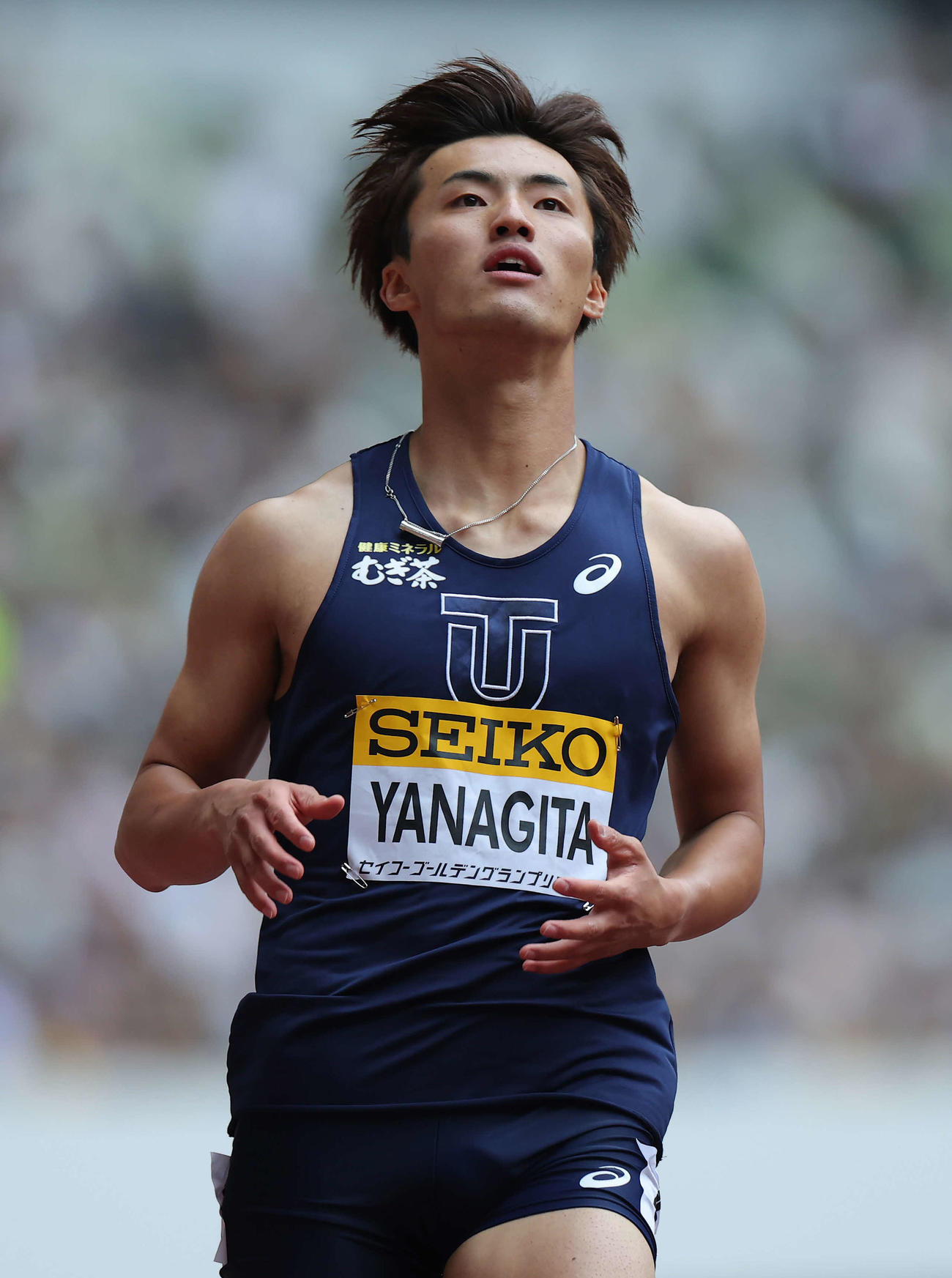 男子100メートル決勝　1位でゴールする柳田（撮影・河田真司）