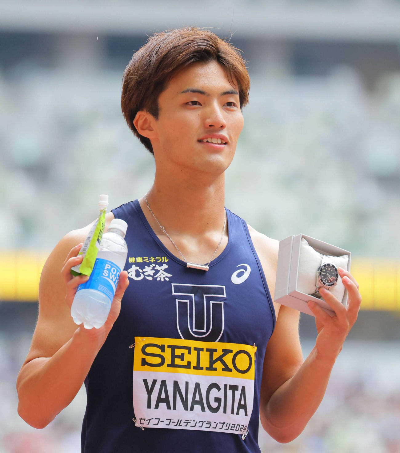 男子100メートル決勝　1位でゴールした柳田（代表撮影）
